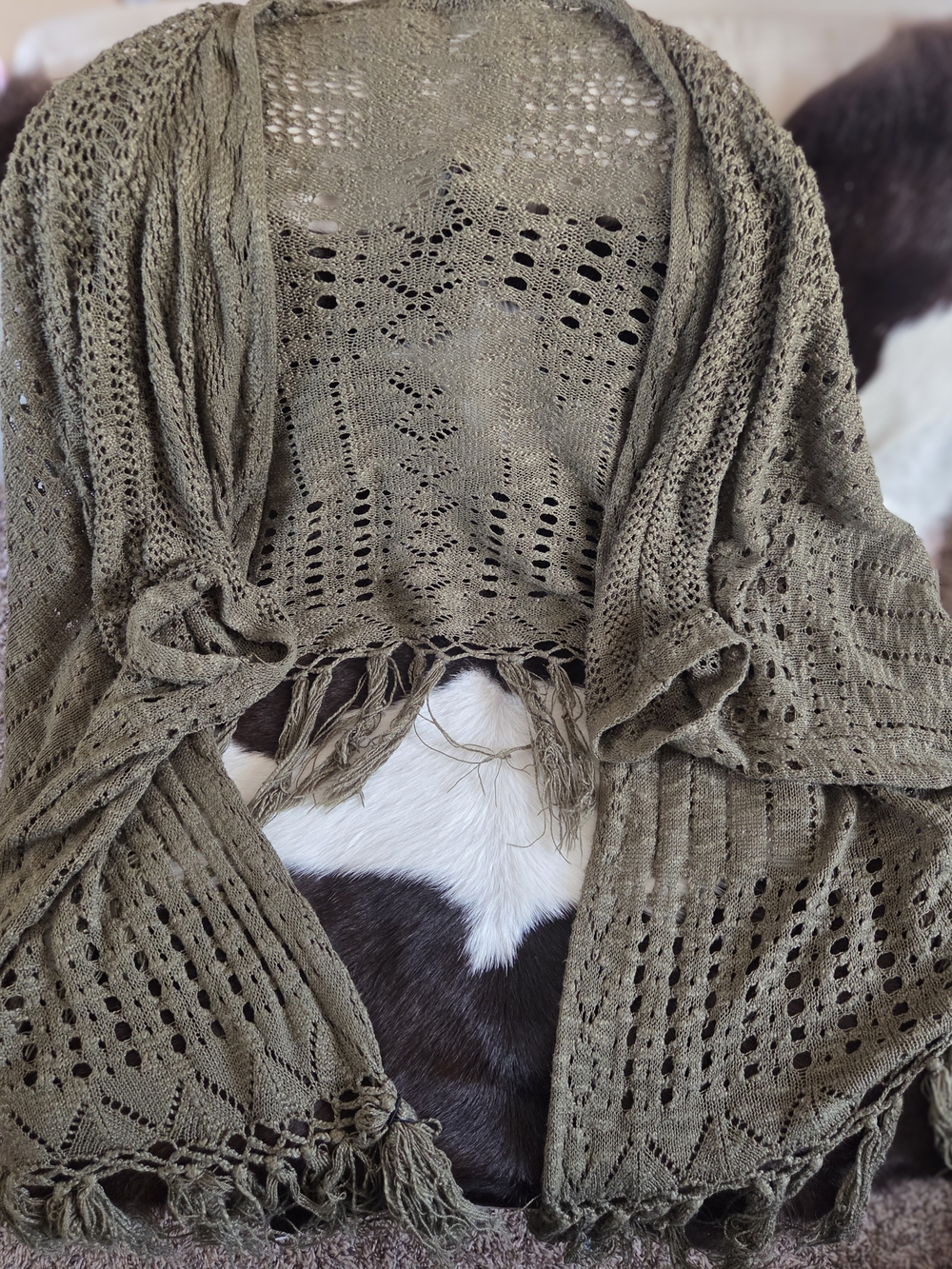 Women's Olive Fringe Open-Knit Sweater Cardigan